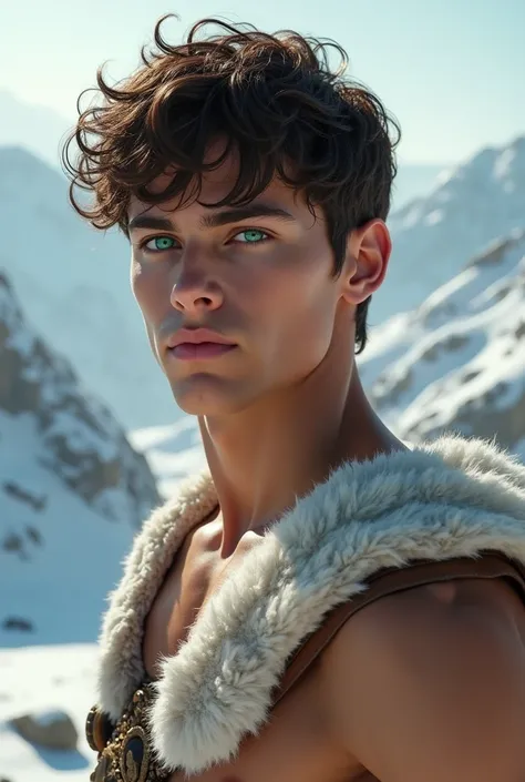 Hercules as an adolescent Caucasian man,  white skin  , no beard,  bright green eyes,  dark brown hair, face e características lábios macios esculpidos perfeitos, maxilares e maçãs do face bem definidas beleza divina, Divine Aura, on top of a snowy mountai...