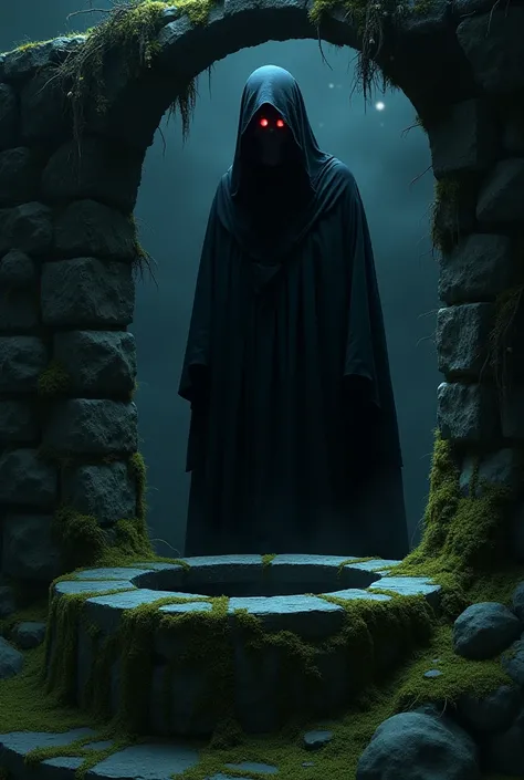 A mysterious old woman in black standing near an ancient, moss-covered well, with glowing eyes in night.
