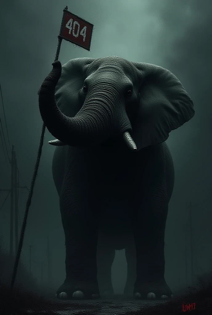  Create a picture of a giant elephant on its back legs in dark style. He is wearing a sign in his trunk with 404 as an inscription in combat style  