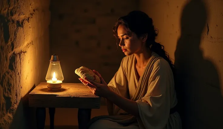 Close-up of a woman in typical clothes from biblical times sitting in front of a small stone table in her simple house, lit only by the flickering light of a lamp. She holds a piece of bread in her hands, with an expression of reflection and supplication. ...