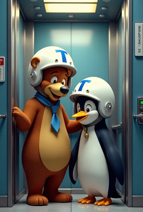  The Yogi Bear with a loving penguin from Happy Feed ,   both wearing white helmets with a blue T logo , In the background they are in some elevators 