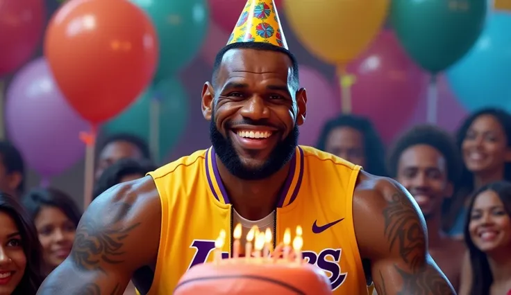 Lebron James with birthday hat Lakers jacket with cake in the shape of a basketball
