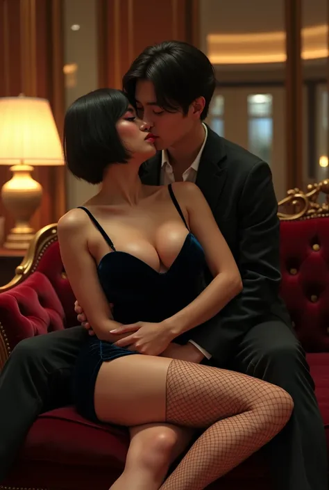 Voluptuous curvy body japanese whore with make up, horny face, short straight hair, big boobs and big ass wearing long Sleeve Velvet mini dress and fishnet stocking make out with men boss on sofa on office lobby