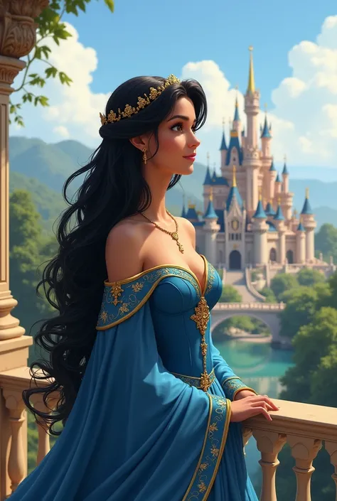 "A beautiful and peaceful kingdom with a magnificent palace in the background. A graceful princess wearing a royal blue gown with golden embroidery, standing on the palace balcony, looking at the serene surroundings. The princess has long, flowing black ha...