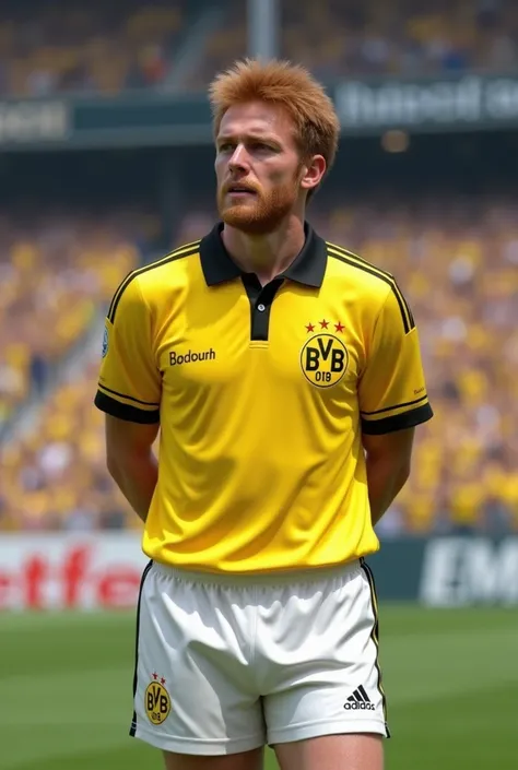  Create an ultra realistic image , 8k, Maximum resolution.  Of a soccer player ,  dressed in the Borussia Dortmund uniform , wearing the yellow jersey and white shorts ,  of the 80s polo collar model ,  without any praise just the clubs emblem on the blous...