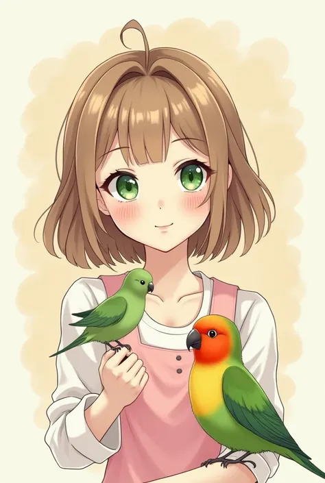  Generate an anime-style drawing with a girl with light brown hair , with white skin and green eyes ,  together with two lovebirds, one totally green small and the other with a red beak and an orange head and a green body