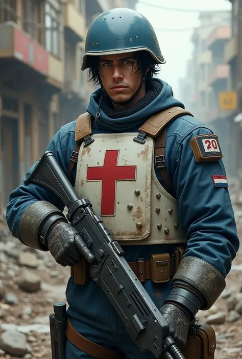  A 27-year-old guy with blue eyes and black hair  ,  in black tactical clothes  ,  reinforced with small sheets of iron  , , a rather dirty uniform  ,  and a white bulletproof vest with a red cross  , and he is holding a sword  ,  on his head, a blue peace...