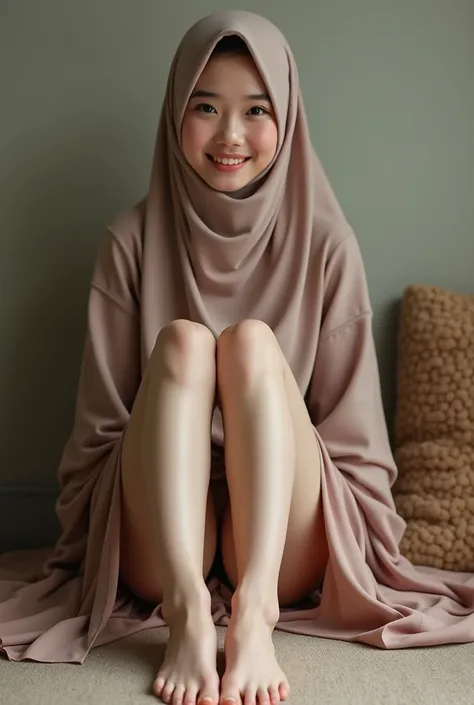 hijab, long skirt, long legs, full body in the frame, smiling, spreading legs out, chinese, wearing a panty, showing her legs, showing thighs, sitting down, legs spread out, showing her underwear, kickikg her left leg up