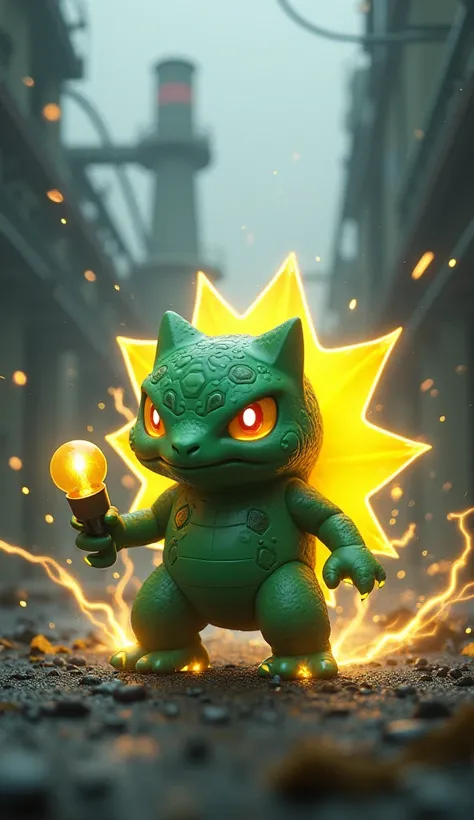 an electric ivysaur, in a power plant. Ultrarealistic. the color of the pokemon is yellow and green tones