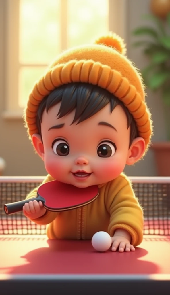 A cute baby with a hat is holding a racket and a ping ball, He is holding the racket and the ball in his hand