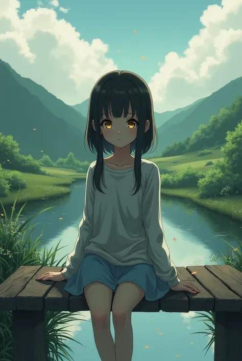 Girl anime brown eyes, yellow eyes, sad, sitting on a bridge