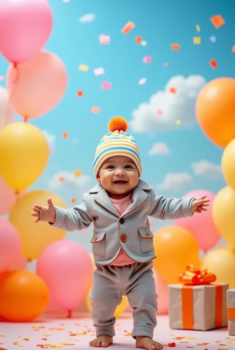 A joyful, one year old indian baby standing in the middle of a festive celebration scene. The baby is wearing a suit set and a striped  hat with a pom-pom on top. The background is filled with colorful balloons in shades of pink, orange, and yellow floatin...