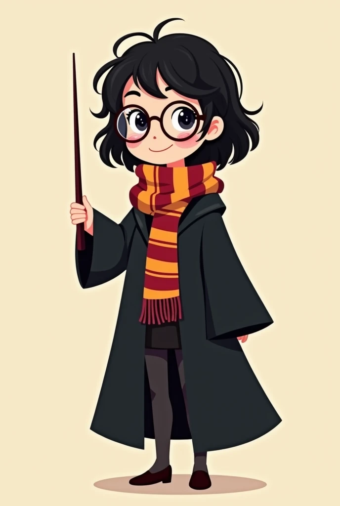  A high-definition cartoon illustration of a young, cheerful wizard girl with round glasses, messy black hair, a black robe, and a red and gold striped scarf. The girl is holding a wand in one hand, standing confidently against a plain light beige backgrou...