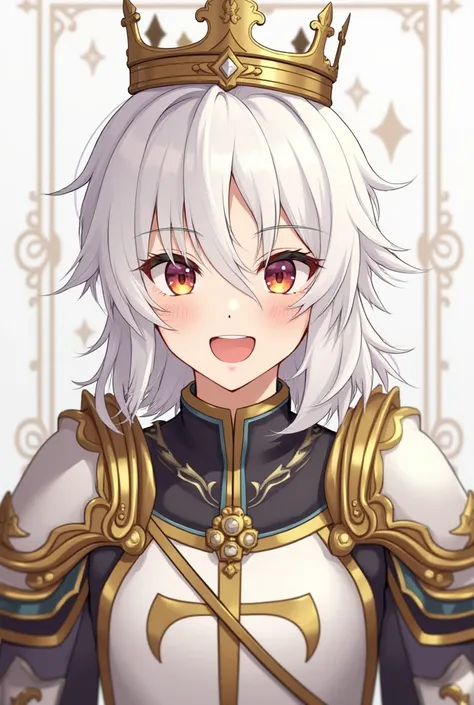  The character is wearing a royal knight outfit,  including a crown , indicating a royal or leadership status .  He has white hair and gold details on his clothes .  The characters face conveys a cheerful smile 