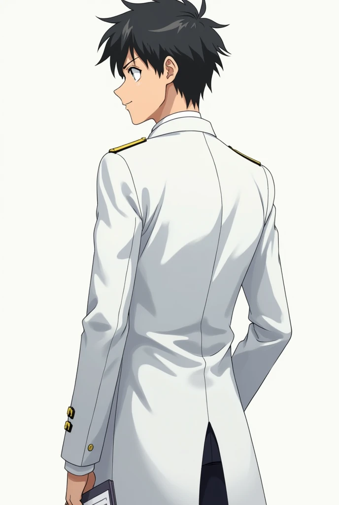 anime style man in a lab coat back view