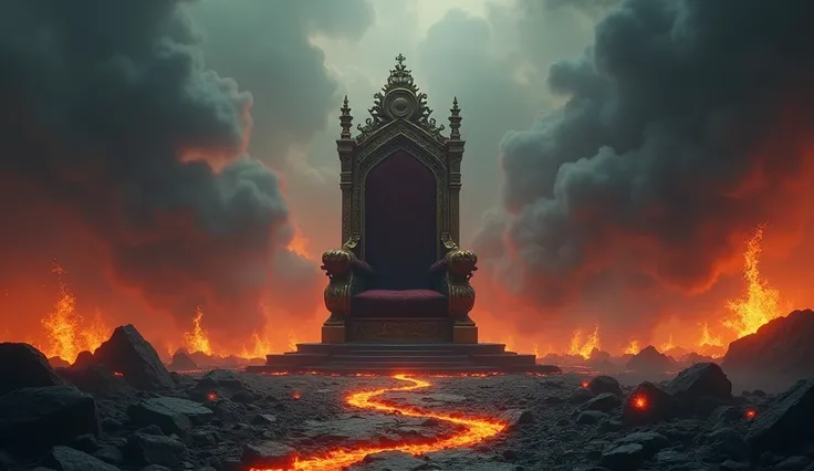 The Hell with a majestic empty Throne in the middle of the Picture, smoke and fire everywhere, darkness, 8K Ultra realistic Picture, lava on the floor.