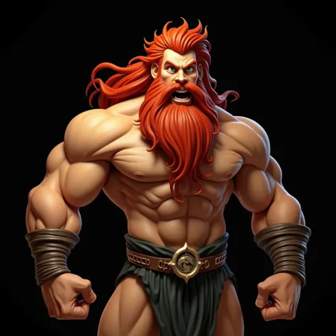 strong man, adult, fair skin, green eyes, long red hair, beard, entire body, dressed with dark white loincloth, based on mortal kombat videogame, black background, portrait, comic 2d animation style