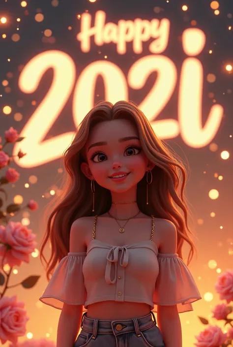 Make a 3d illustration for my girl friend having username "RoZi" for the upcoming new year 2025,
Write in the background her name "RoZi" and 
Happy new year Meri Jan 