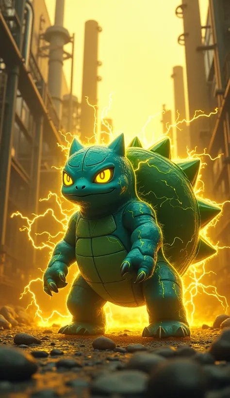 an electric ivysaur, in a power plant. Lightning comes out. Yellow tones. Ultrarealistic.