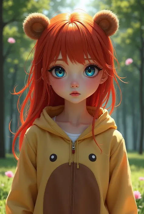  Hyperrealistic painting of a girl  ,with unreal beauty  , red hair , blue eyes , long eyelashes , the girl is wearing a bear jumpsuit ,in the background a park 