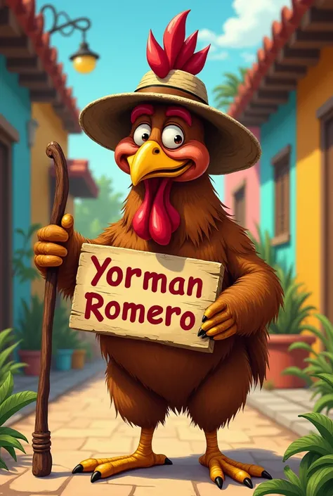 Disney-style drawing of an old Venezuelan brown chicken with a cane and with a sign that says “Yorman Romero”