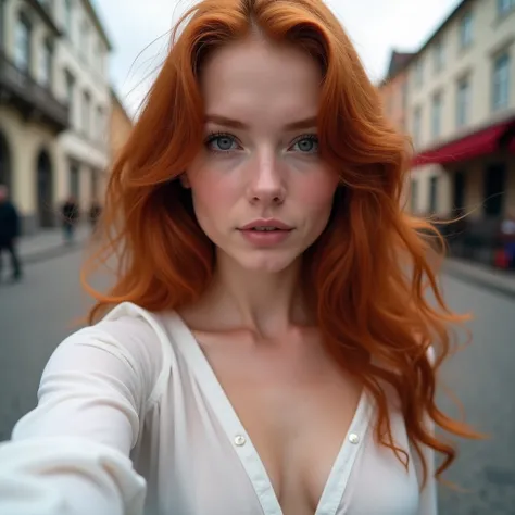 redhead haired woman looking directly to the camera in a city, selfie photo, redhead girl, redhead woman, beautiful redhead woman, red head, she is redhead, anna nikonova aka newmilky, attractive girl, red hair girl, flowing ginger hair, red haired girl, g...