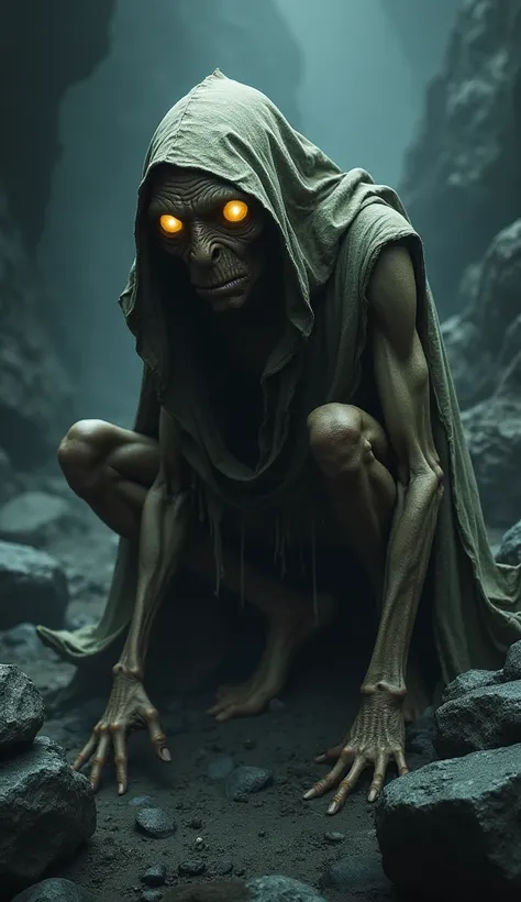 "Gollum crouches on jagged rocks, draped in a tattered cloak made of shadows. His eyes gleam like twin lanterns in the darkness, reflecting the cursed power of the One Ring."