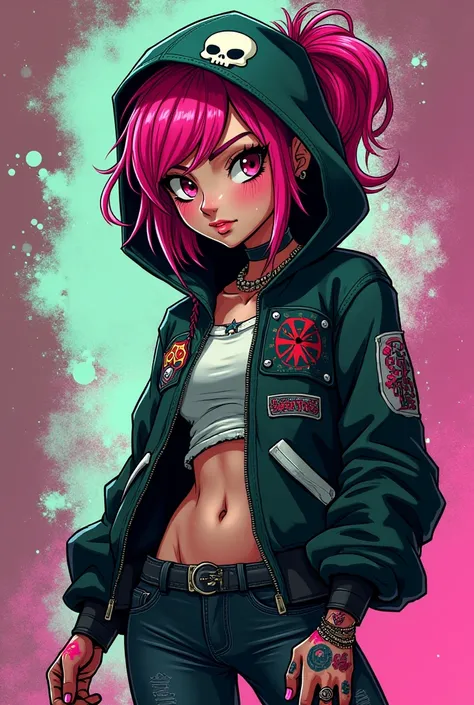 Print for flannel :  animated style punk girl looking at the camera full body with graffiti spray on her hand wearing clothes, skull hood and fuchsia hair.  Y splashed neon green 