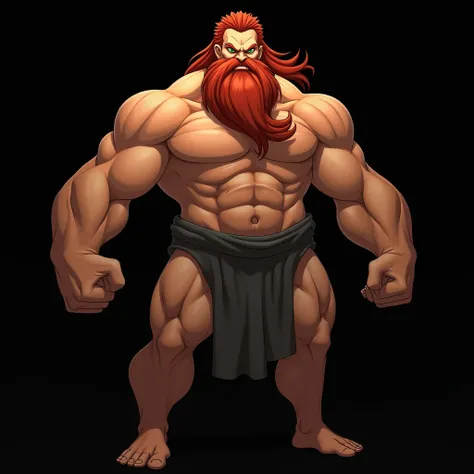 strong man, adult, fair skin, green eyes, long red hair, beard, entire body, dressed with dark white loincloth, based on mortal kombat videogame, black background, portrait, 2d animation style