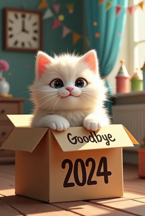 Fluffy cat in box text goodbye 2024, background new year