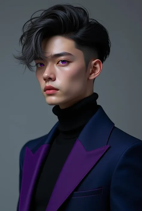 Create a 23-year-old man with 1 ,90 tall how nice it is ,  has a medium-long hybrid black and white hair , the eyes are purple and wears a black suit half blue half purple