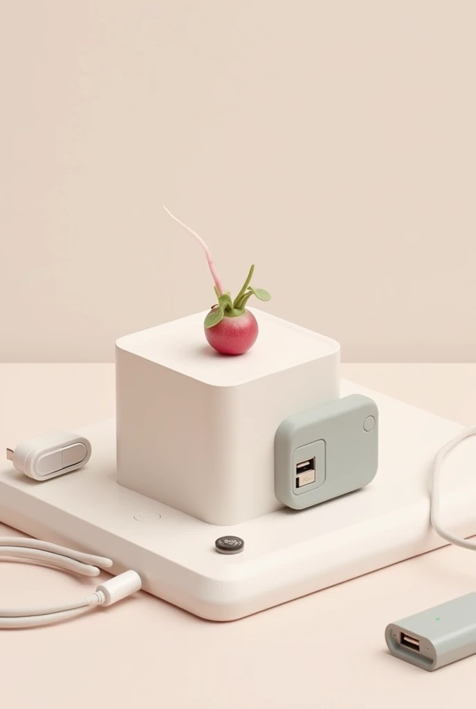 A photo of mobile accessories such as charger cable, phone case, USB, etc., next to a very small radish with a plain colored background.