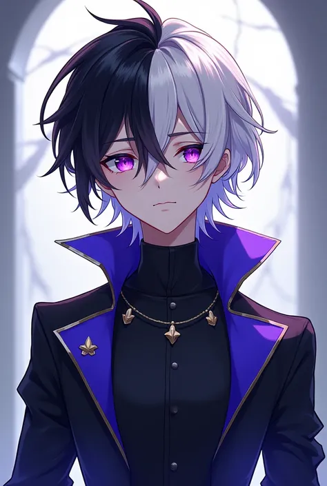 Create in the form of the anime a 23-year-old man with one ,90 tall how nice it is ,  has a medium-long hybrid black and white hair , eyes is purple and wears a black suit half blue half purple