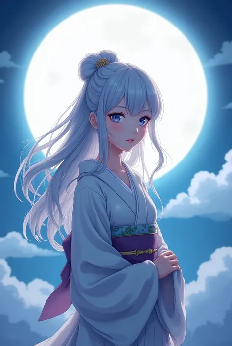 An animated beautiful japenese girl with long silver hair in a half bun standing  infront of white moon with blue hue 