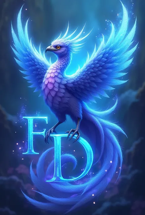  Create a magical Phoenix bird with blue and purple with the letters F, D in large blue with magic fire 