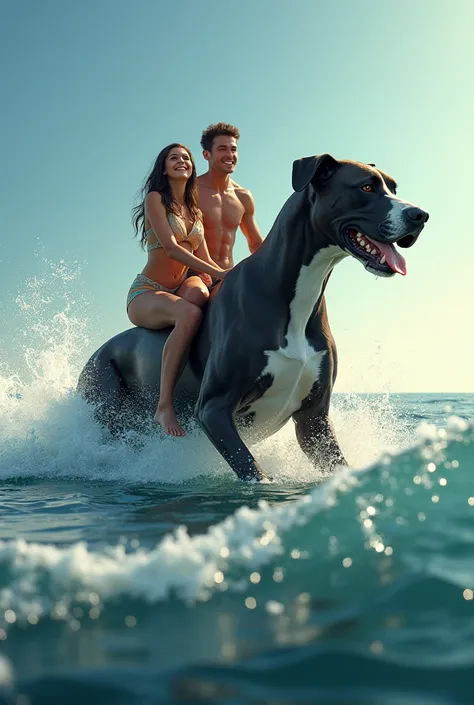 Woman and man riding the big great dane dog in the sea 