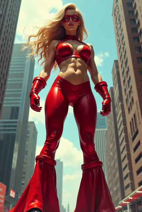 A futanari superheroine in red bell bottom leggings with her penis bulging through her leggings 