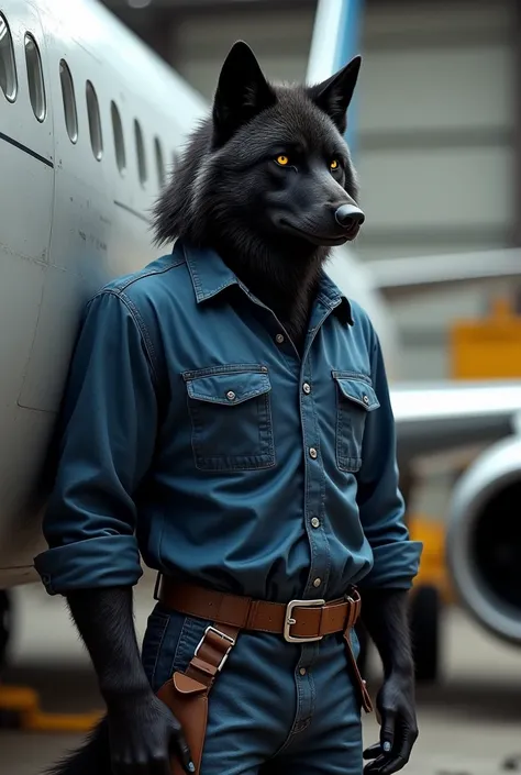  A black wolf who is Chief Mechanic, dressed in a blue shirt , next to a Boeing 737 . 