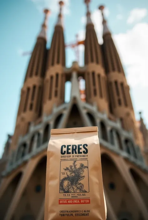 Insert a close-up of a coffee bag with the brand name to an image of the Sagrada Familia in Barcelona: "CERES AGROECOLOGY . Popayan, Colombia." 