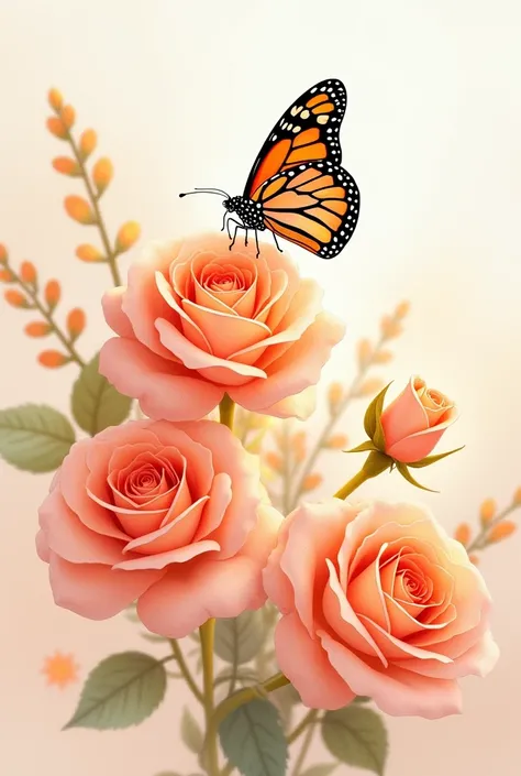 monarch butterfly with peach-colored roses in watercolor style