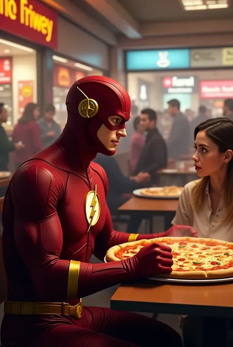 realistic image, the flash is in the mall, he is in the malls food court, he is sitting at a table, on the table there is a big pizza, many people are sitting at the other tables, profile image