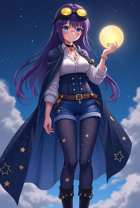  Please generate me an anime-style picture :
woman:  black stars on the cheeks , goggle glasses ,  hands became larger ,  Long hair dark purple blue ,  had various star and moon clips on her head ,  white shirt inflate ,  moon pendant choker ,  dark blue w...