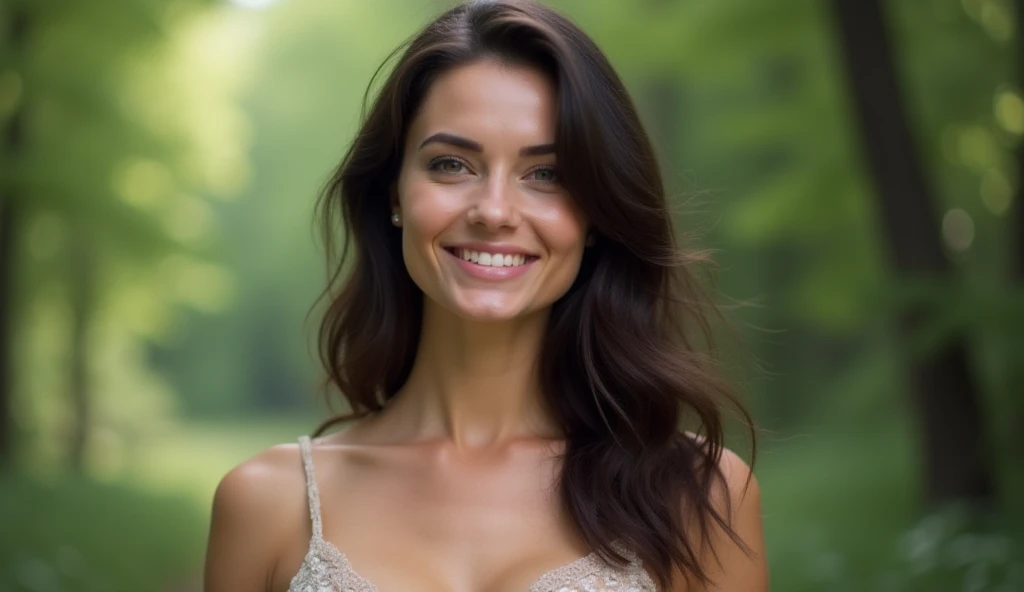 A Russian woman with dark hair .  She has very large and natural breasts .  The woman has a beautiful smile .  A forest landscape can be seen in the background.  The woman is dressed slightly in summer .