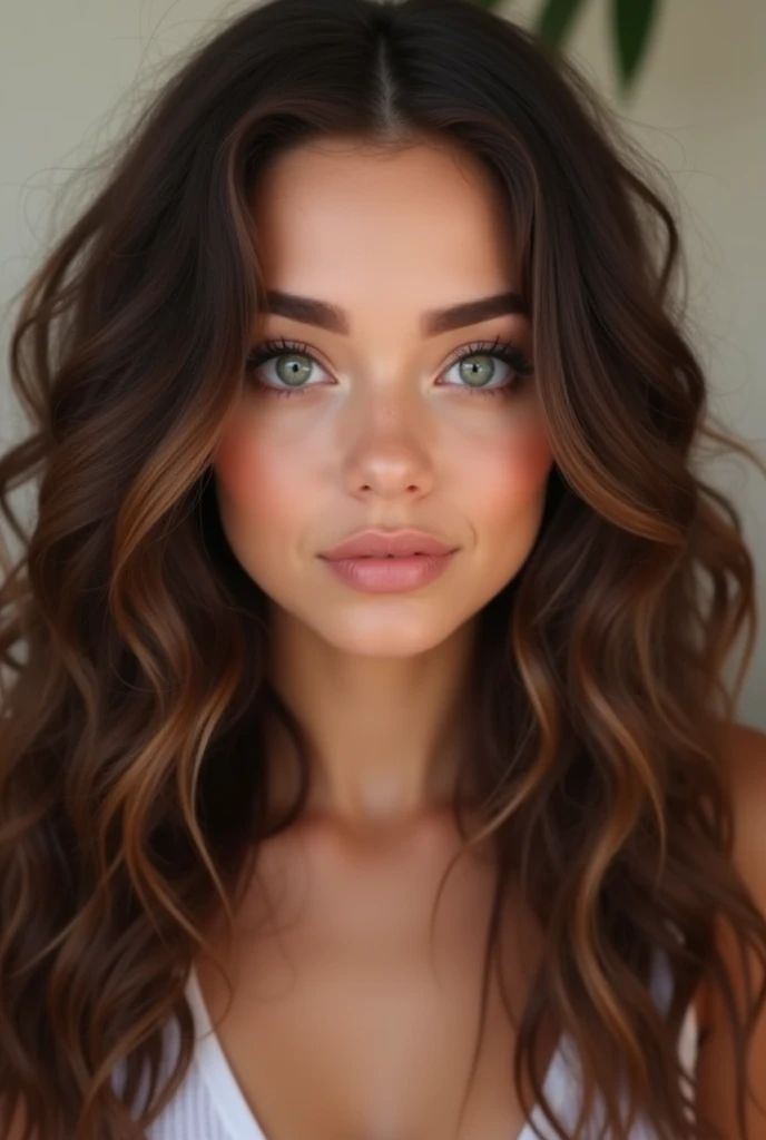  Can you make me a face of an 18 year old woman . Oval/Diamond face shape ,  medium-full beautifully shaped pink lips ,  medium cheekbones , dimple, narrow snub nose,  large almond shaped green /turquoise eyes ,  long fox eyelashes medium eyebrows ,  brown...