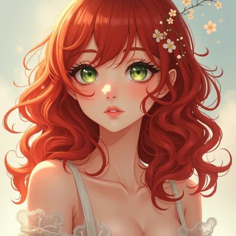 anime girl, Redhead, Green Eyes, Very cute, very feminine, curly hair, Thin, but with beautiful curves on her body, White skin