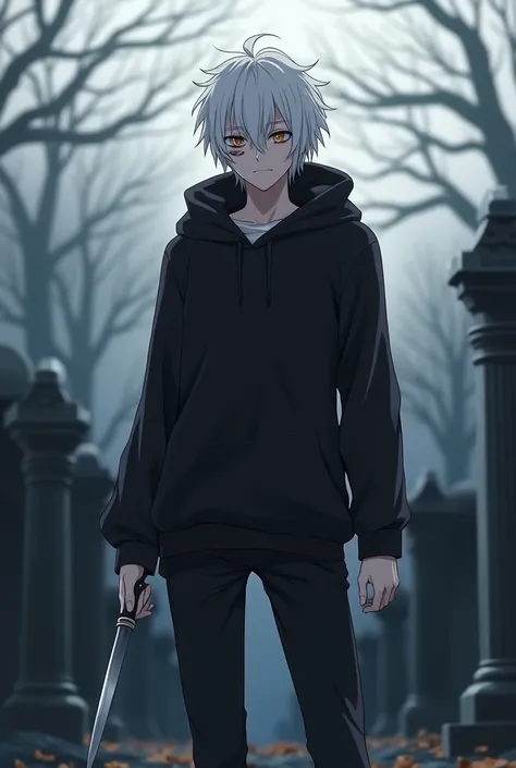 An anime male with white hair, wearing a black sweater with a hood, long sleeves, long legs, holding a knife with his left hand, with a slit on his left cheek, is in a cemetery, about 20 to 25 years old.