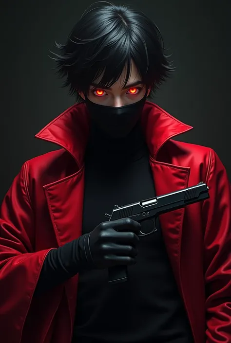 I want a youth man with red eyes,not too realistic, wearing a mask covering his mouth and ears, holding two handguns in both hands,cold gaze,wear clothes with colour red and black 