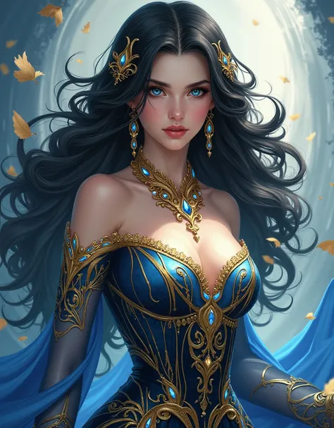 A detailed fantasy illustration depicting a beautiful woman in an exquisite dress. The woman should have dark, lush hair adorned with gold elements and gemstones. Her dress should be an elaborate design, combining blue, black and gold colors, with shimmeri...