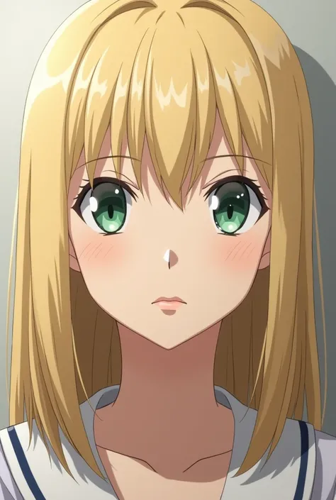 Blonde character with straight hair,  with green eyes ,  white skin , with a serious face, realistic anime  