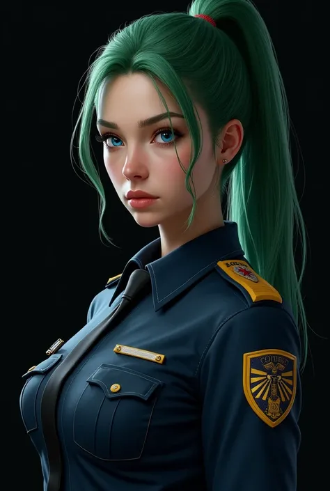 A character girl in a green ponytail, black background, blue eyes, and clothes in police clothes